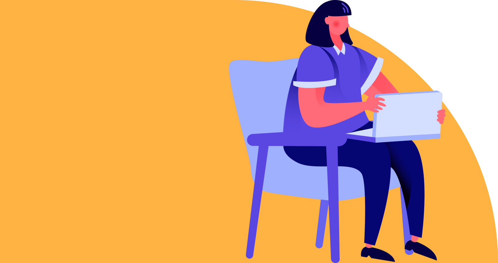 Cartoon woman doing research on her laptop