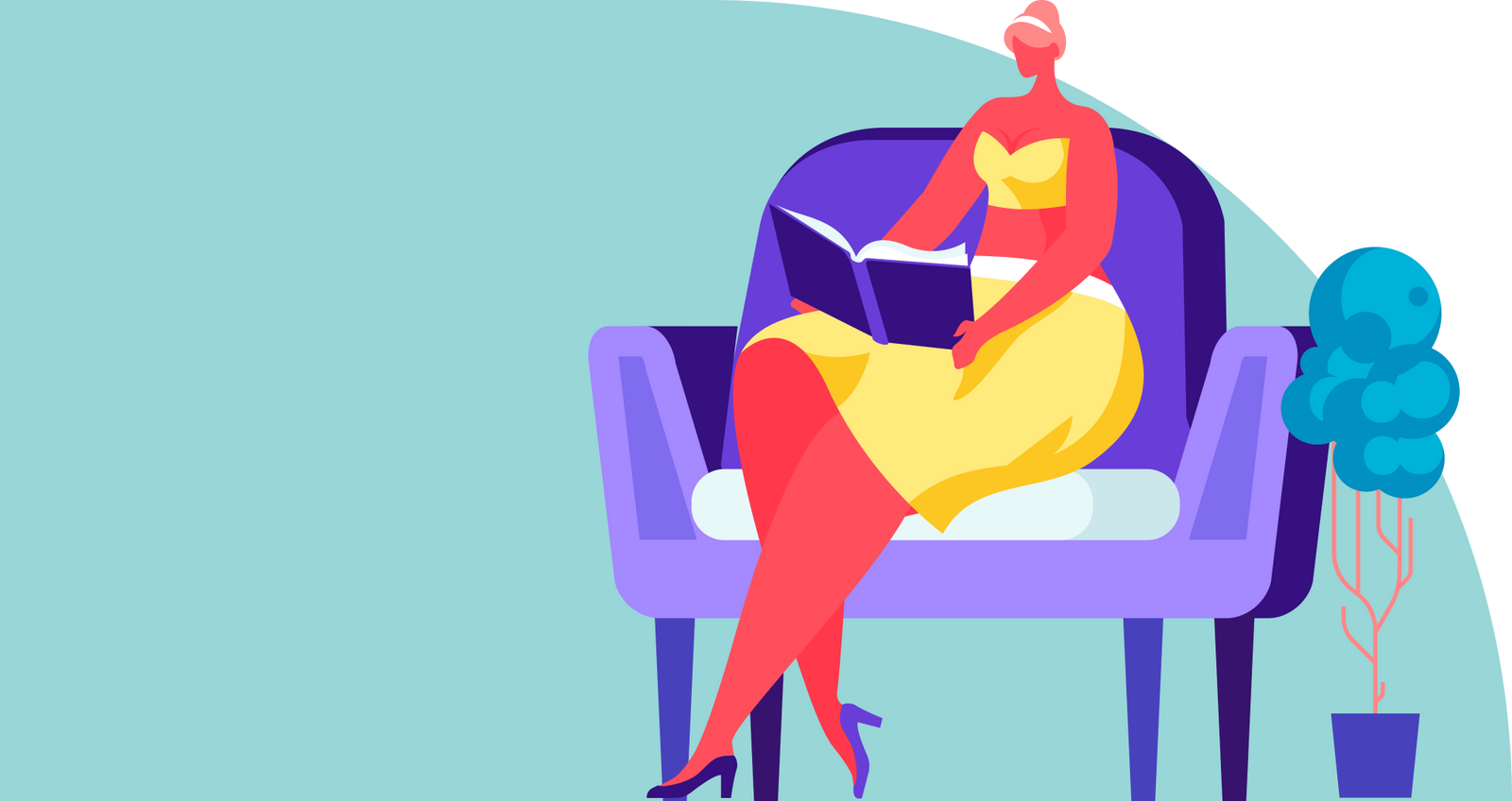 Illustration of a woman reading in a large chair next to a plant.