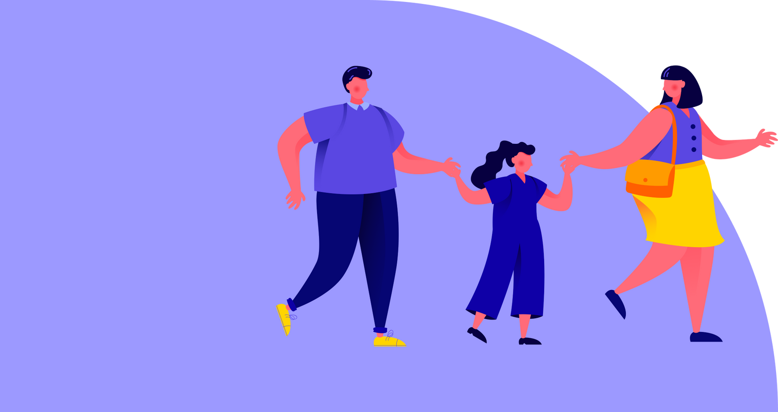 Cartoon illustration of two parents holding their daughter’s hands