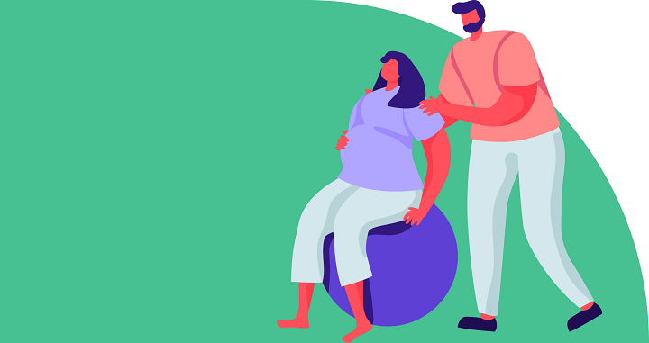 Illustration of a woman in labour sitting on an exercise ball