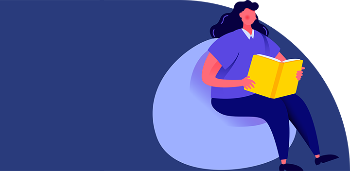 A cartoon woman reading a book