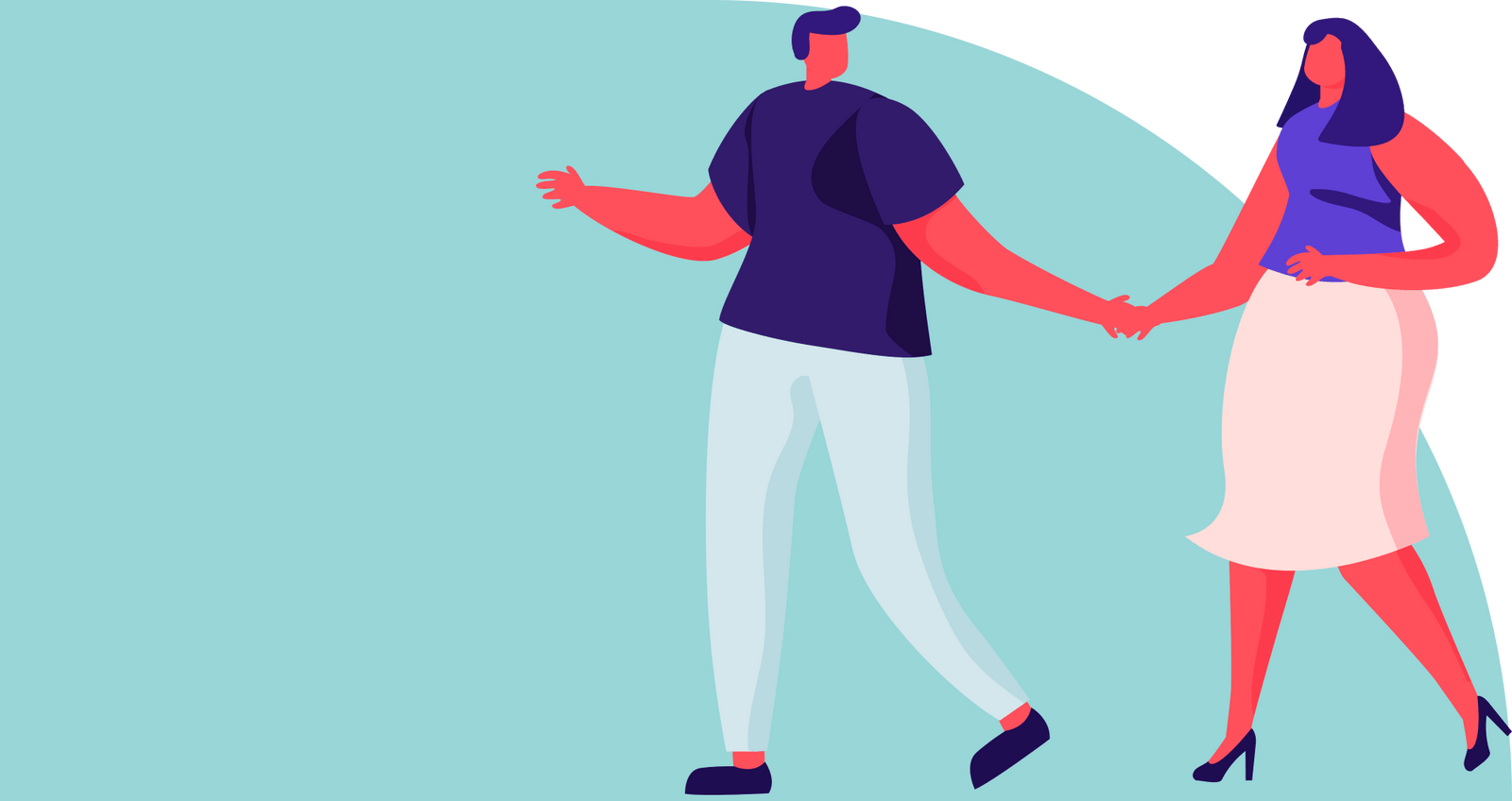 Female identifying cartoon and genderqueer cartoon walking hand-in-hand