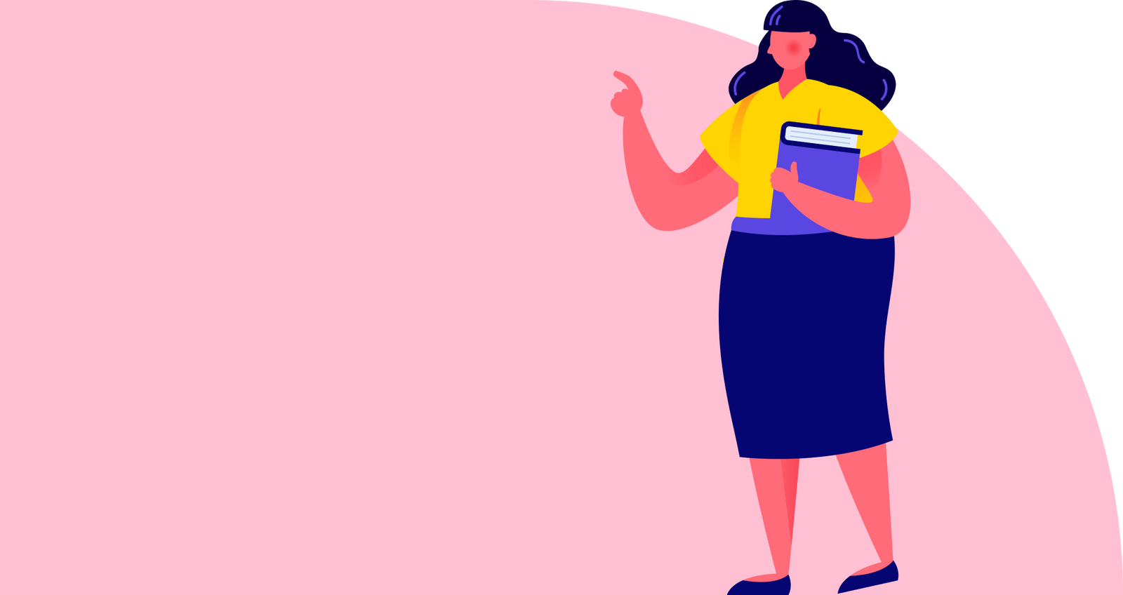 Cartoon woman holding a book with her finger raised